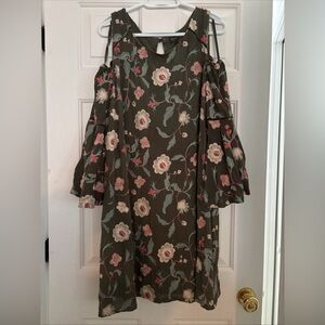 Luxology Women Floral Embroider Bell Sleeve Summer Mini Dress Earthy Green Sz 14